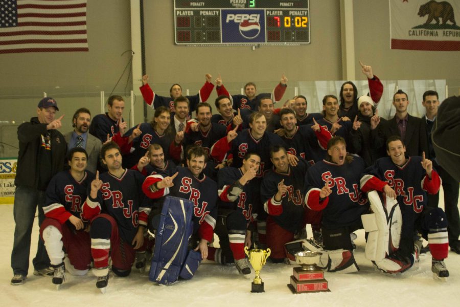 The SRJC Hockey team poses for a group photo after defeating UC Davis 9-4 in the PCHA Championship game.