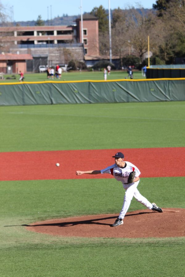 Santa Rosa pitcher Brian Webster hurls a strike in a 3-1 victory against Contra Costa.