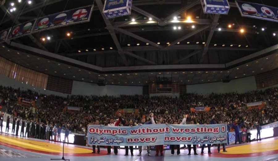 Olympic wrestlers from around the world protest the removal of wresting at the Olympics on Feb.19-22 in Tehran, Iran.