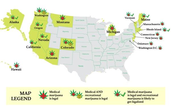 Eighteen states have legalized cannabis for medical use. Two of those have now made cannabis legal for recreational use. California could make the change in 2014.