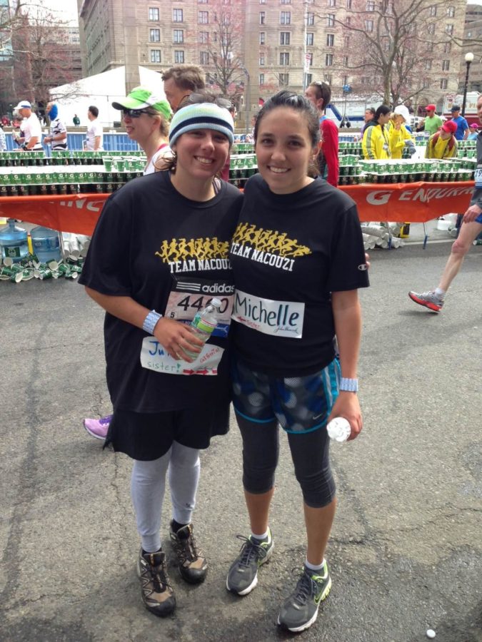 SRJC student Julie Nacouzi and her sister Michelle pose for a picture after finishing the Boston Marathon April 15, moments before the explosions.
