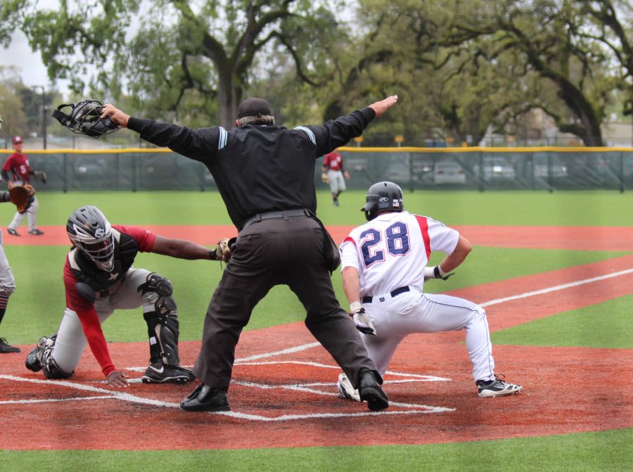 Bear Cub infielder Parker Shaw scores the go-ahead run in a tied game against Sierra College April 6. SRJC won the game 4-2, and the 2013 season series.