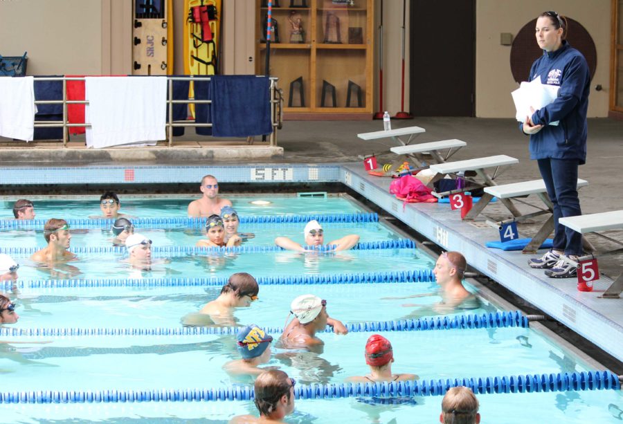 Swimming head coach Jill McCormick briefs the team before practice April 4 in preparation for the Chabot Invitational.