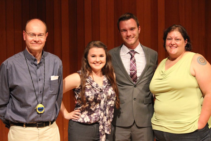 From left to right: Co-Director of Forensics Hal Sanford, Mariah Noah, Jakob Christensen and Co-Director Marina Whitchurch. Students Noah and Christensen finished the season as the highest ranked parliamentary debate team.