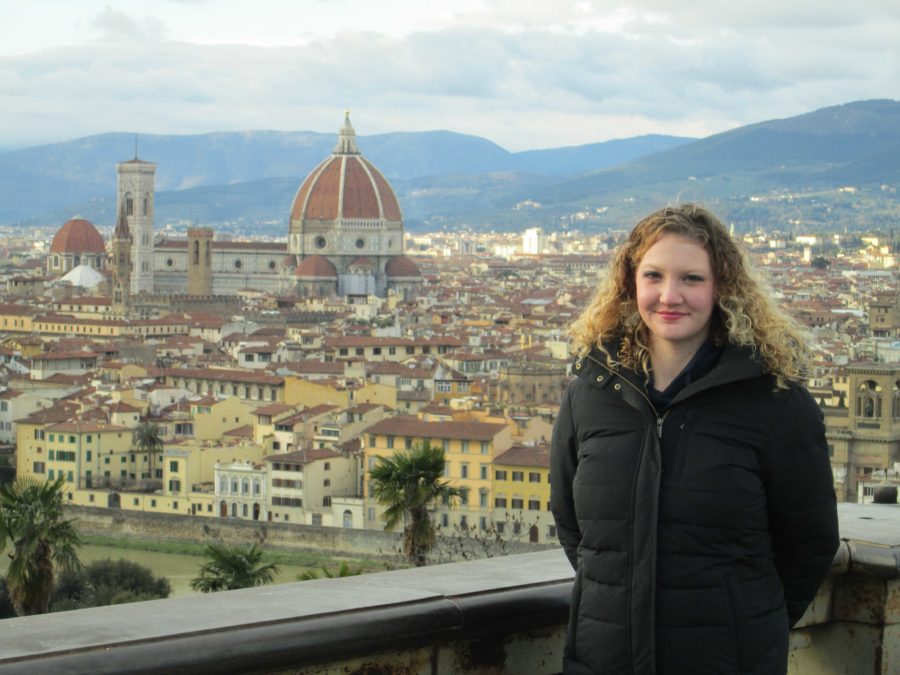 Writer Ellen Thompson at the Piazzale Michelangelo in Florence, Italy.