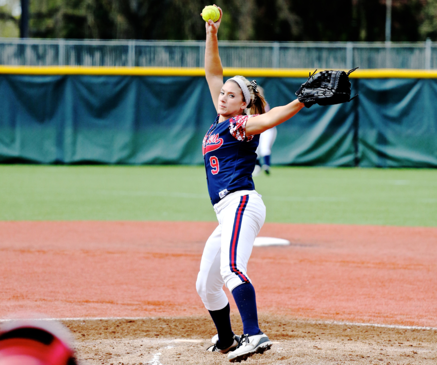 Santa Rosa Junior College's freshman softball star, Megan Winters, from Analy High School, delivers a shutout pitching the Bear Cubs to a 5-0 win versus Diablo Valley College March 30 at Marv Mays Field, SRJC.