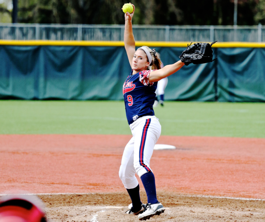 Santa Rosa Junior Colleges freshman softball star, Megan Winters, from Analy High School, delivers a shutout pitching the Bear Cubs to a 5-0 win versus Diablo Valley College March 30 at Marv Mays Field, SRJC.