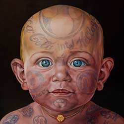 “Baby With Necklace” by Heidi Endemann, made with oil and gold leaf on linen, is one of the iconic images in “Tradition of Mayhem,” which opens Sept. 16.
