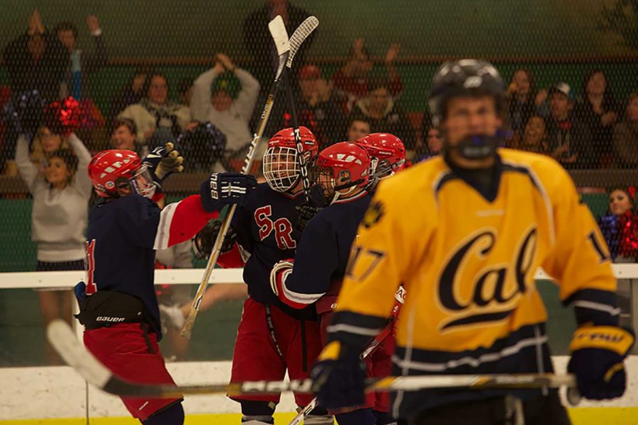 SRJC celebrates a goal after scoring another against Cal Sept 21 at Snoopy's Ice Arena in Santa Rosa.