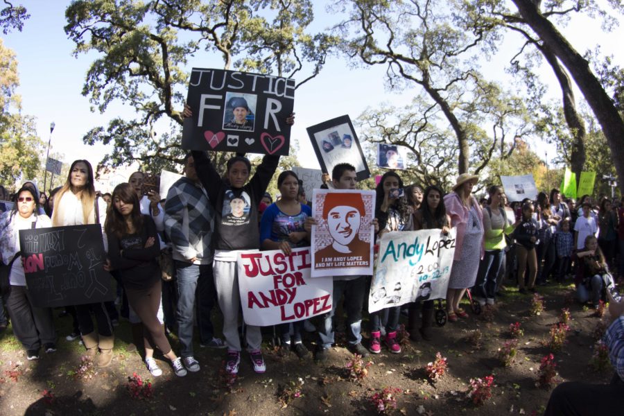 Men, women and children showing their love for Andy Lopez and their protests for his death Oct. 29 at the Sonoma County Sheriffs office.