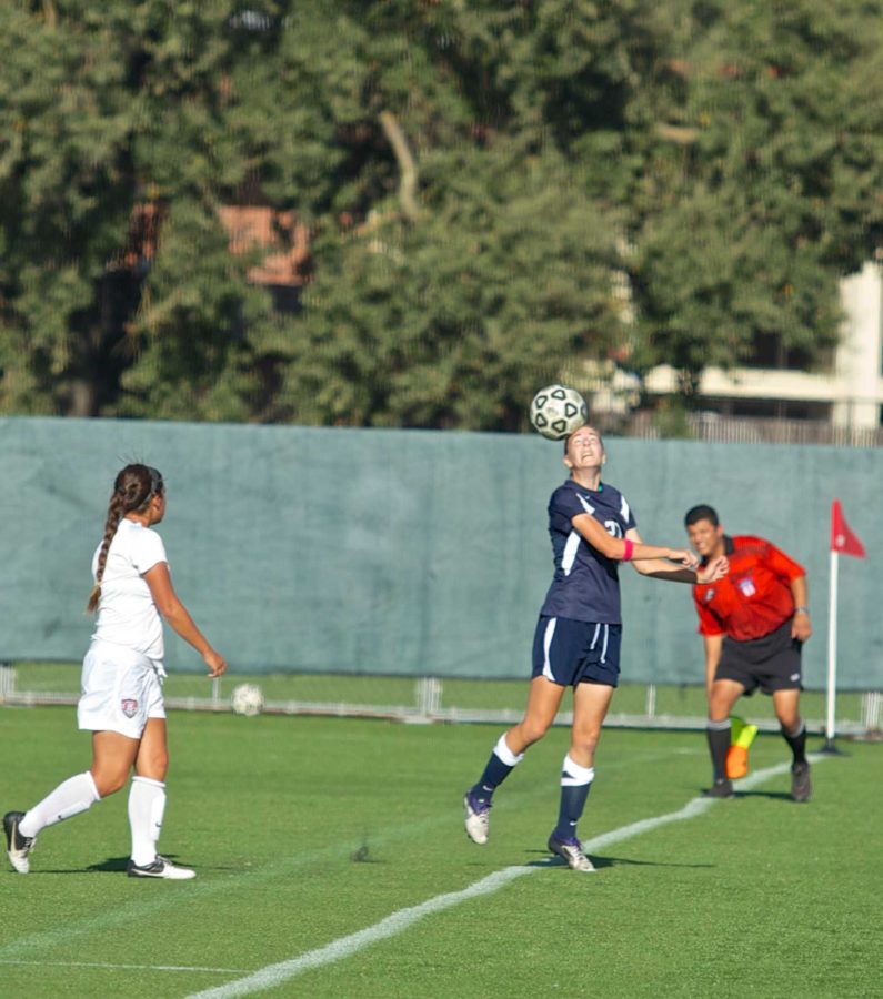 SRJC forward Allison Rash heads the ball keeping it inbounds by a hair Oct. 1 at Sypher Field in Santa Rosa.