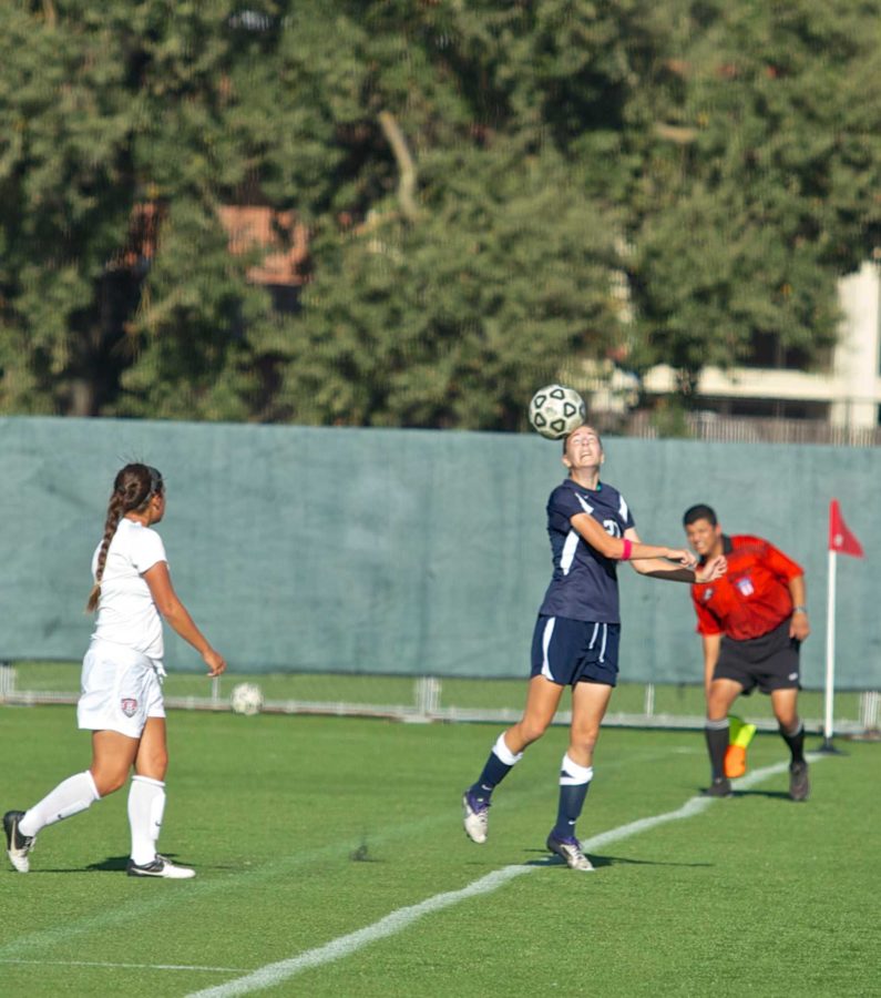 SRJC+forward+Allison+Rash+heads+the+ball+keeping+it+inbounds+by+a+hair+Oct.+1+at+Sypher+Field+in+Santa+Rosa.