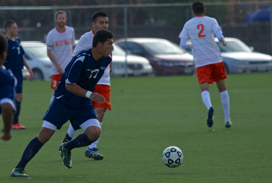 Bear Cubs forward Omar Nuno dribbles the ball up the field against West Valley at SRJC’s Cook Sypher Field Nov. 26.