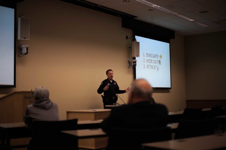 SRJC District Police Chief Matt McCaffery gives three options in his presentation on what to do during an active shooter situation: Evacuate, hide out or attack.