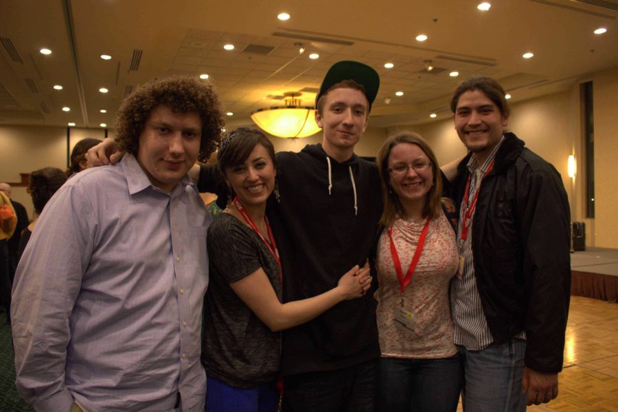 Nicholas Valenzano, Carmen Mitchell, Charles Coyston, Myriah Gross and Patrick St. John smile for the camera at the Kennedy Center American College Theater Festival Region VII Tech Olympics in Boise, Idaho, where they placed second.