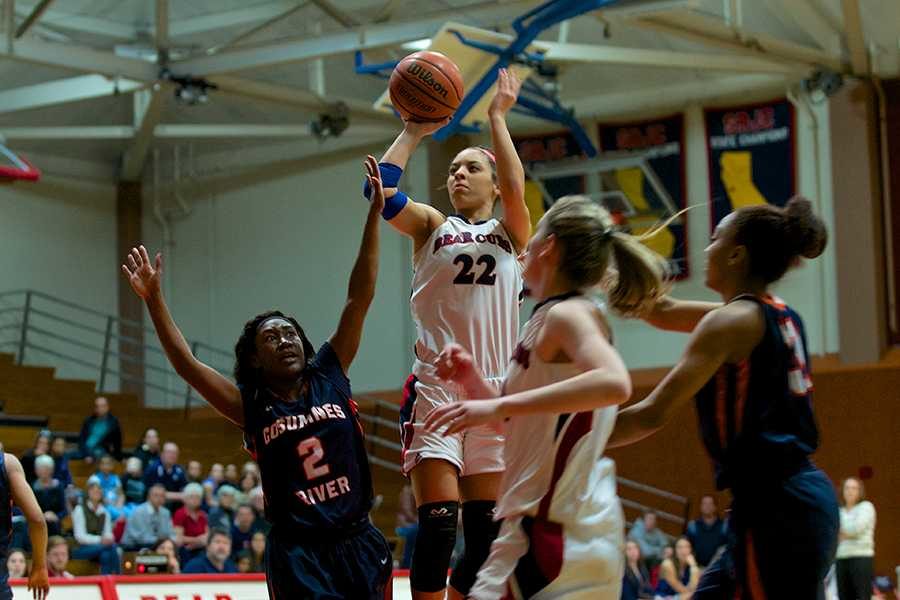 Madison Sowards, SRJC's leading 3-point scorer, sinks an easy jump shot from near the top of the key against Cosumnes River College Feb.21 at Haehl Gym Santa Rosa.