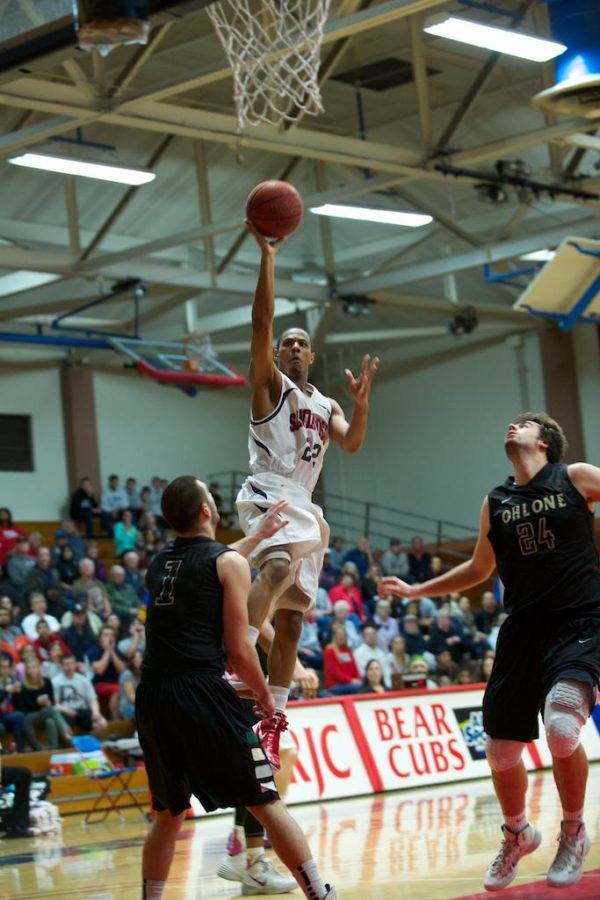 Mathew Hayes lays in a bucket from the edge of the key against Ohlone College March 5 at Haehl Gym Santa Rosa.