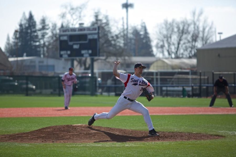 Brandon+Hagerla+finishes+seven+and+two-thirds+innings+allowing+only+three+hits+and+a+walk+for+a+shutout+against+College+of+the+Redwoods+batters+Feb.+25+at+Cook+Sypher+Field+Santa+Rosa.