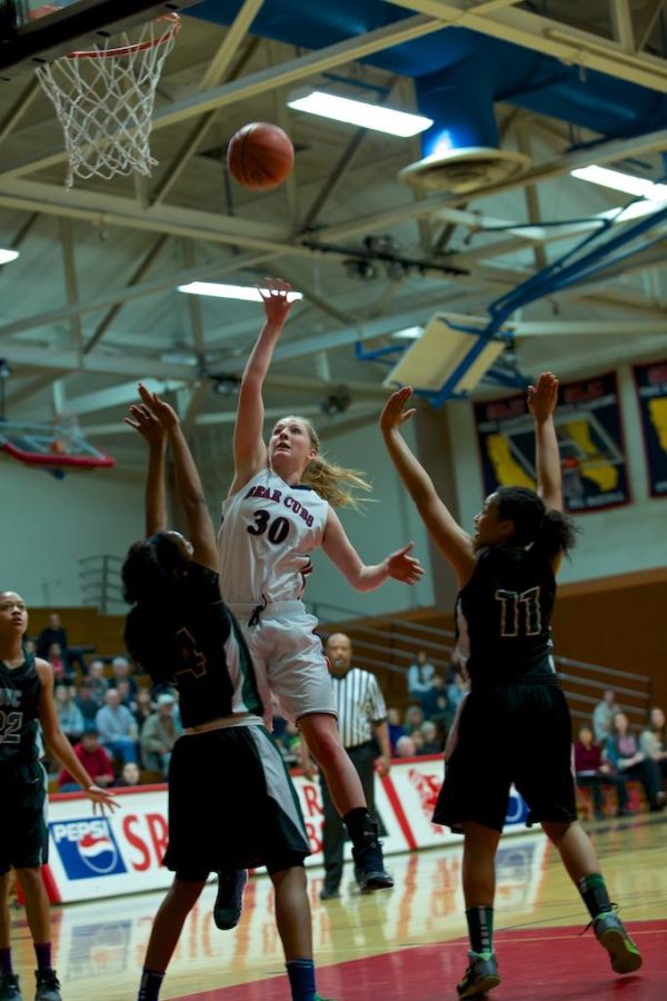 Gretchen Harrigan deposits the ball in the hoop off the glass with a bank for 2 of 31 points against Diablo Valley College March 5 in Haehl Gym Santa Rosa.