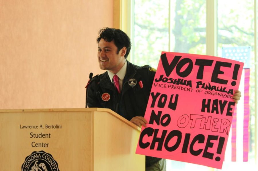 Joshua Pinaula ran for vice president of organizations during the Spring 2013 elections for Santa Rosa campus. Pinaula ran unopposed for the duration of the 2014 election.