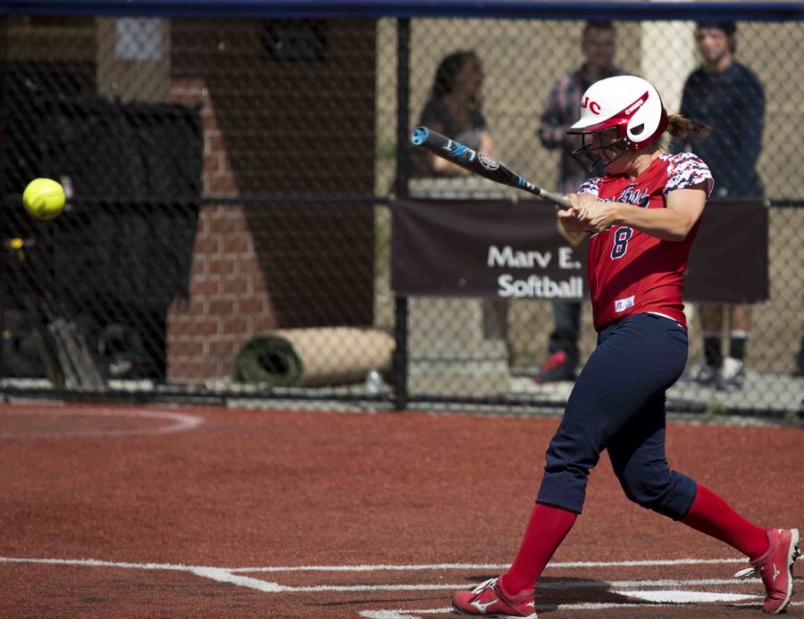 Courtie Morton executes a timely hit against Diablo Valley for Sophomore Day April 22 at SRJC’s Marv Mays Field.