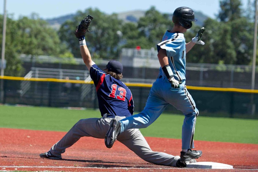 First+baseman+Weston+Bryan+makes+the+out+for+SRJC+in+Game+2+of+the+Super+Regional+Playoffs+against+Cabrillo+College+May+10.+Bryan+scored+two+runs+for+the+Bear+Cubs+throughout+the+playoff+competition.