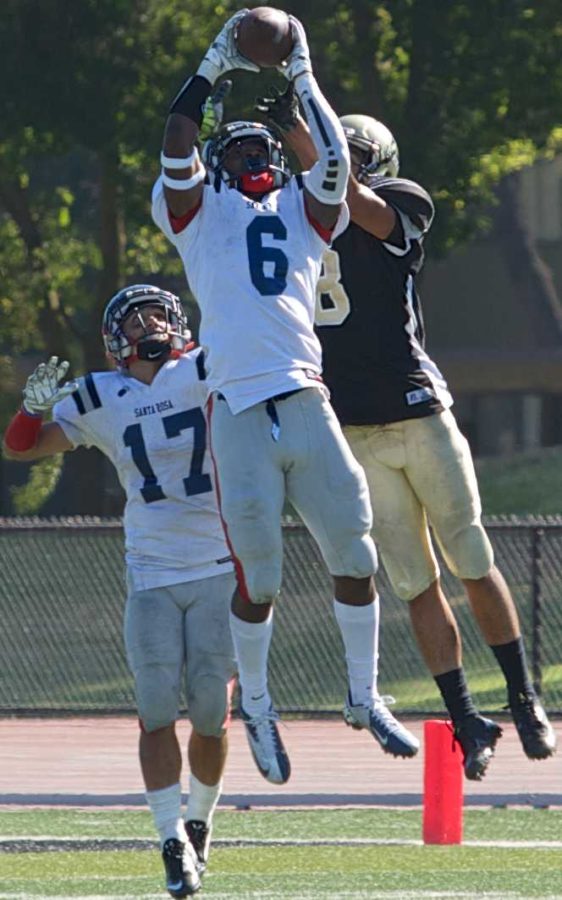 Quinten McCoy intercepts the end of the game hail-mary, putting an end to Delta’s hopes of catching the Bear Cubs in their season opener Saturday, Sept. 6 at Delta Communtiy College in Stockton.