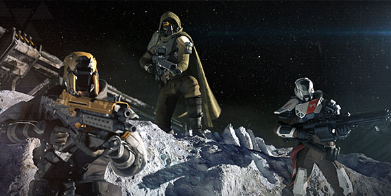 From left: Titan, Hunter and Warlock Guardians posing on the moon.