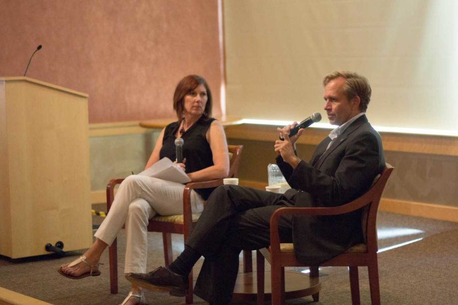 SRJC political science instructor Jeanette Ben Farhat moderates the Q-and-A with U.S. Ambassador Lewis Lukens during “Passport to the World” hosted by the International Students Club noon Sept. 15 in the SRJC Bertolini Student Center.