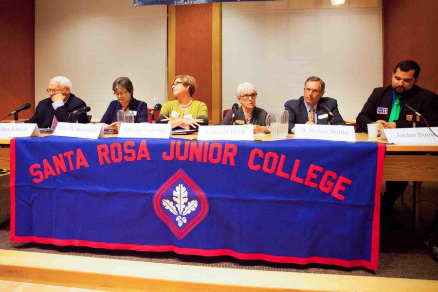 The six Board of Trustees candidates from left, Don Zumwalt, Dorothy Battenfeld, Maggie Fishman, Kathleen Doyle, Robert Burdo and Jordan Burns, discuss
their ideas for SRJC and answer questions at an event sponsored by the League of Women Voters Oct. 14 in the Bertolini Student Center.