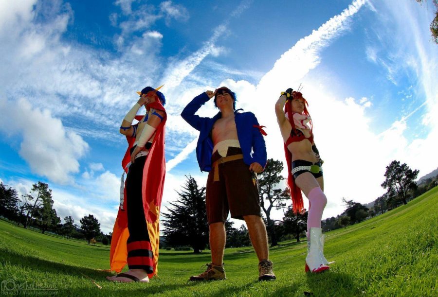 Santa Rosa Junior College stuent Samuel Adams (center) and two friends pose while cosplaying as characters from the popular anime series “Tengen Toppa Gurren Lagann.”