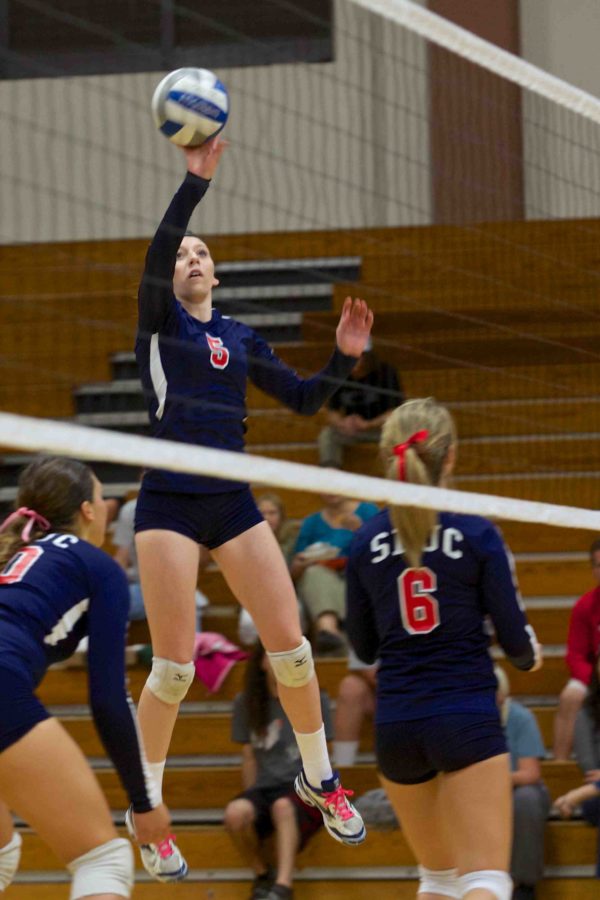 Angelica Chesley sends a kill over the net at Sacramento City College Oct. 24
in Haehl Pavilion Santa Rosa.