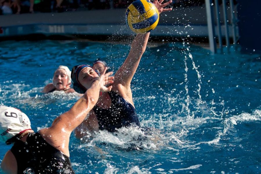 Nicole Groat makes a field block for a save, denying the scoring opportunity by Sierra College Oct. 1 at Quinn Aquatic Complex Santa Rosa.