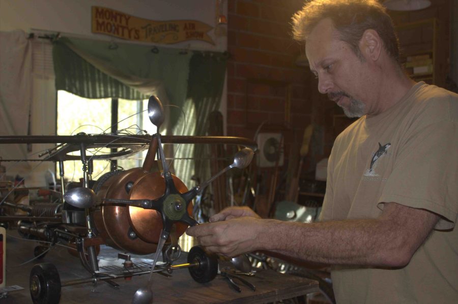 Monty Monty working on “Big Boy” in his studio at Graton. Monty Monty’s vintage collectable sculpture is on display until Dec. 7 at the Christopher Hill Gallery, 326 Healdsburg Avenue, Healdsurg.