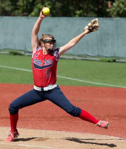 Dana Thomsen delivers strikes for five innings of shut-out softball against Diablo Valley College on Sophmore Day Tuesday April 22 at SRJC's Marv Mays Field.
