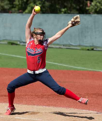 Dana Thomsen delivers strikes for five innings of shut-out softball against Diablo Valley College on Sophmore Day Tuesday April 22 at SRJCs Marv Mays Field.