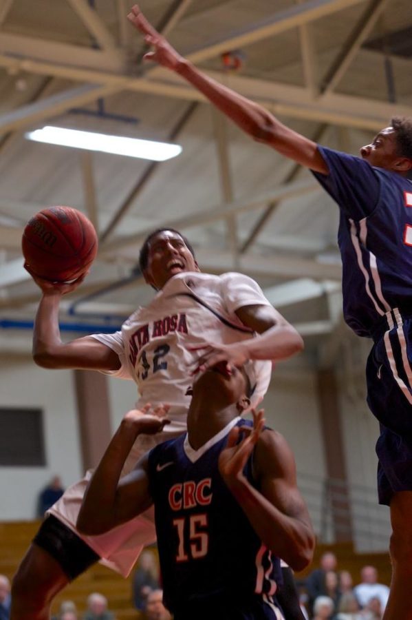 Siaan Rojas goes hard to the basket against Cosumnes River College Jan. 27 at Haehl Pavilion.