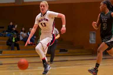 Jenna Dunbar sprints down the court on a fast break after stealing the ball from DVC Jan. 22 at Haehl Pavilion.