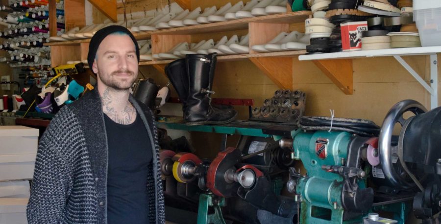 Dominic Chambrone, The Shoe Suregon, at his Santa Rosa studio where he designs unique footwear for celebrities like Will.i.am and Justin Bieber. Chambrone is a former SRJC student.