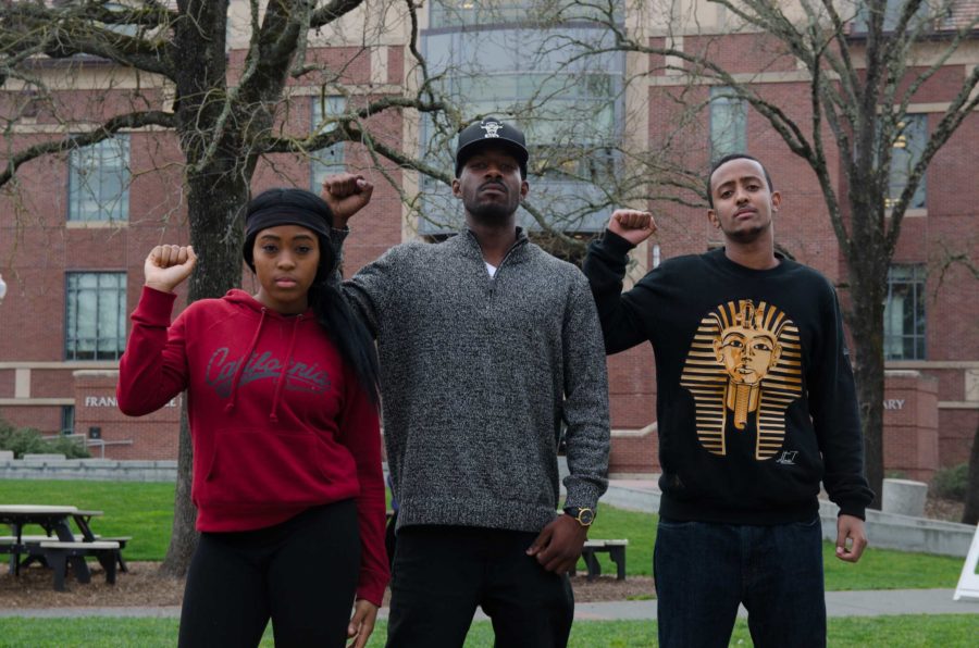 From Left to Right: Darika Ramsey, Damion Square and Elias Hinit standing proud in the Doyle quad at SRJC.