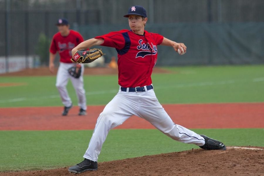 Evan Hill sends bb's across the plate against Contra Costa in long relief Feb. 17 at Sypher Field.