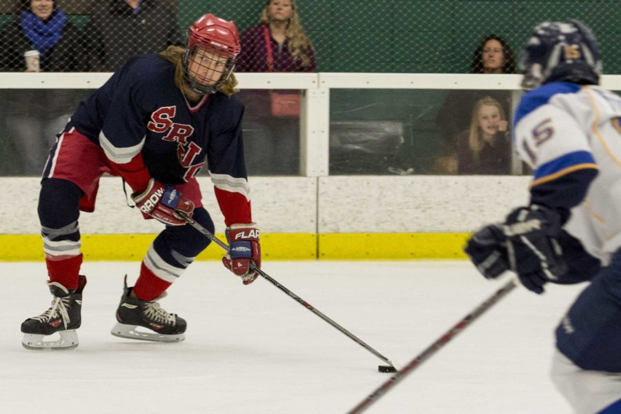 Stephen Wolmarans transitions from skating backwards to forwards while eyeing SJSUs net to line up a slap shot Feb. 7 at Snoopys Home Ice in Santa Rosa.