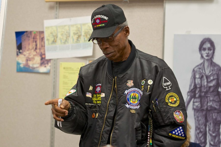 Specialist Anthony Tate asks Jill Kelly-Moore’s humanities class if they want his story sugar coated or if he should “Drop it like its hot,” at SRJC.