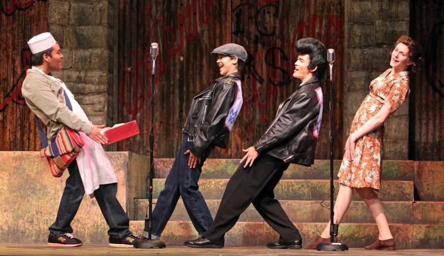 Marcos Rivas Sanchez, Raina Pope, Cooper Bennett and Allegra O'Rourke perform in "American Night: The Ballad of Juan José," currently playing at Burbank Auditorium at SRJC. The actors perform in multiple roles during the play.