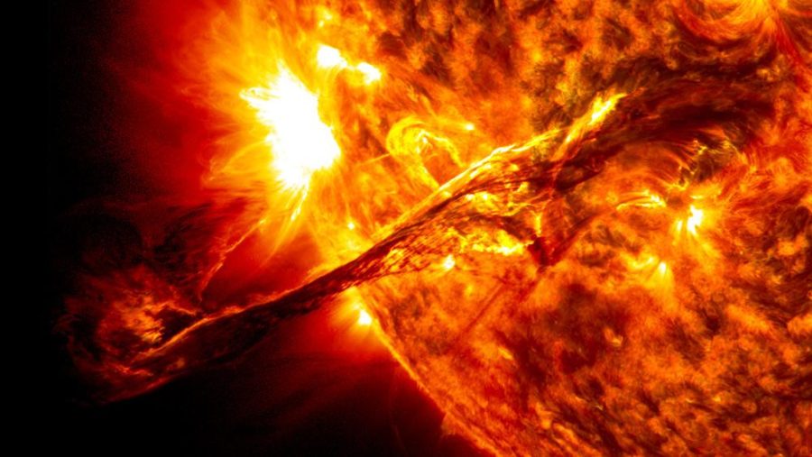 The sun is in a period of high solar activity as shown in this solar prominence eruption captured by NASAs Solar Dynamic Observatory.