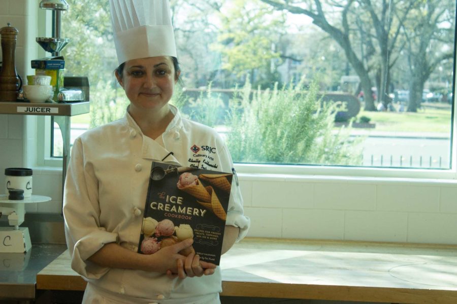 Kaldunski holds her book The Ice Creamery at the SRJC culinary center, where shes been a faculty member for three years.