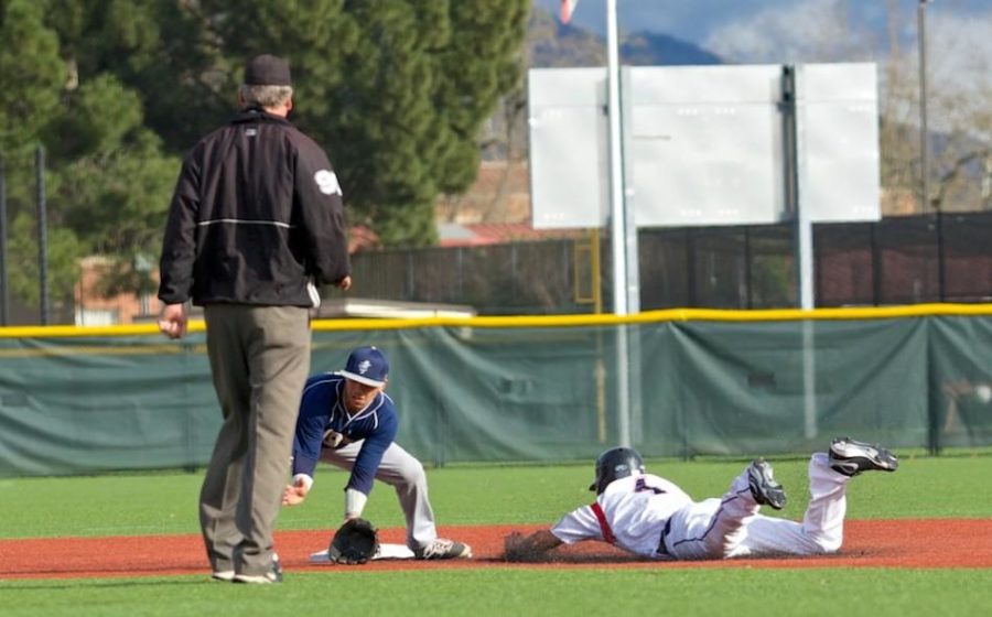 Matt LoCoco steals second base, a second time, against Yuba City College March 4 at Sypher Field Santa Rosa.