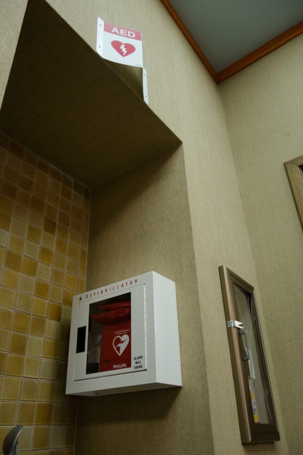 An automated external defibrillator outside the box office in Burbank Auditorium at Santa Rosa Junior College is available for emergency use, as are nine other units placed throughout the Santa Rosa campus.