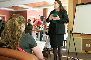 Cynthia H. Stringer presents “communicating your skills to employers via resumes and social media” career talk during the 15th annual Career Expo in Bertolini Student Center April 22.  