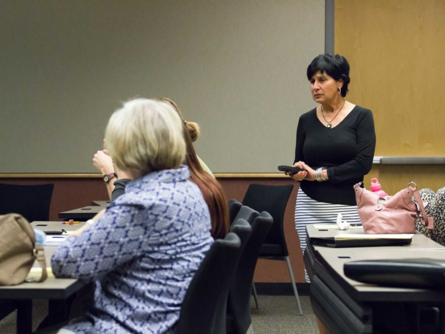 Santa Rosa Junior College psychology professor Narmeen Nasseem gives a lecture on feminism and patriarchy in Islam.